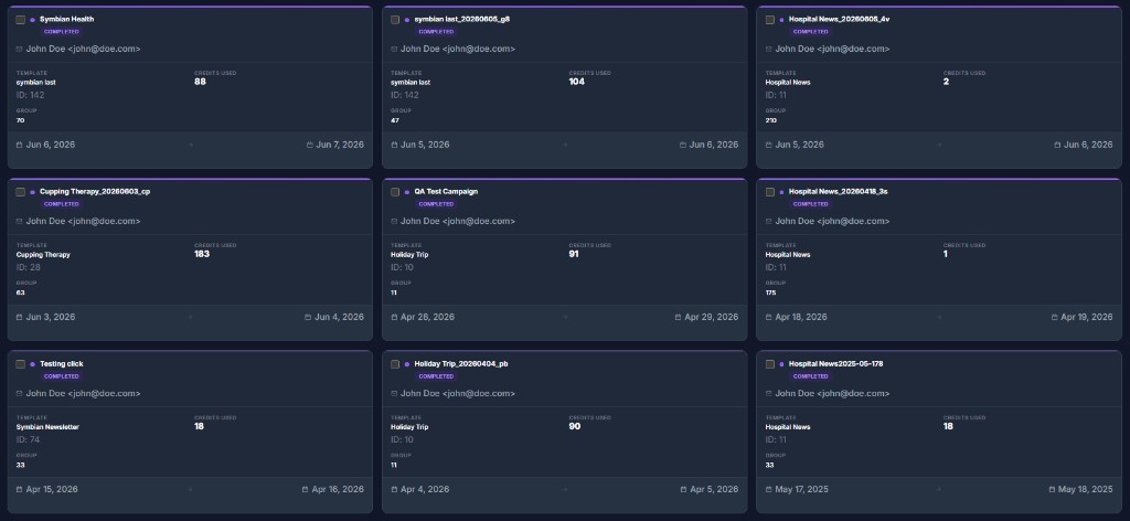 Merko campaign history showing completed automated campaigns with templates, credits used, groups, and send dates