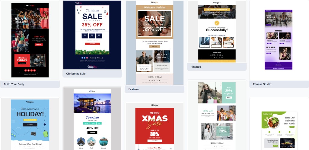 Gallery of ready-to-use Merko email templates including fitness, holiday sale, fashion, tourism, and finance designs