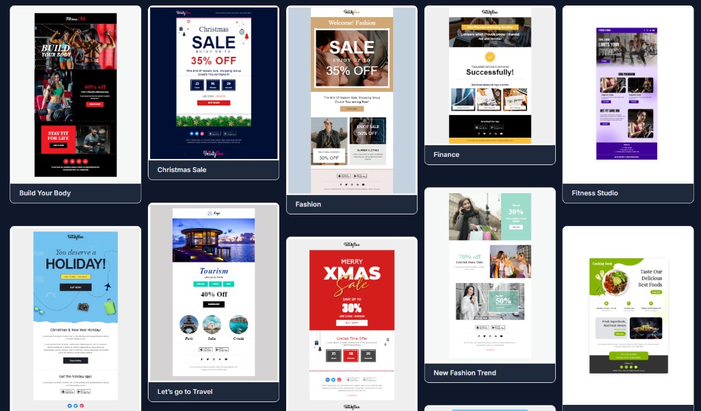 Gallery of ready-to-use Merko email templates including fitness, holiday sale, fashion, tourism, and finance designs